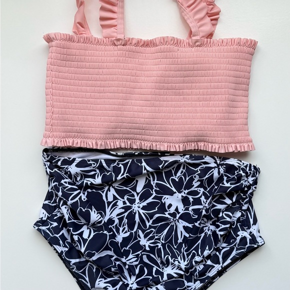 Maternity Pink Ruffle Navy Blue Floral Bikini Swimsuit Set High Waist, Size M - Picture 3 of 7